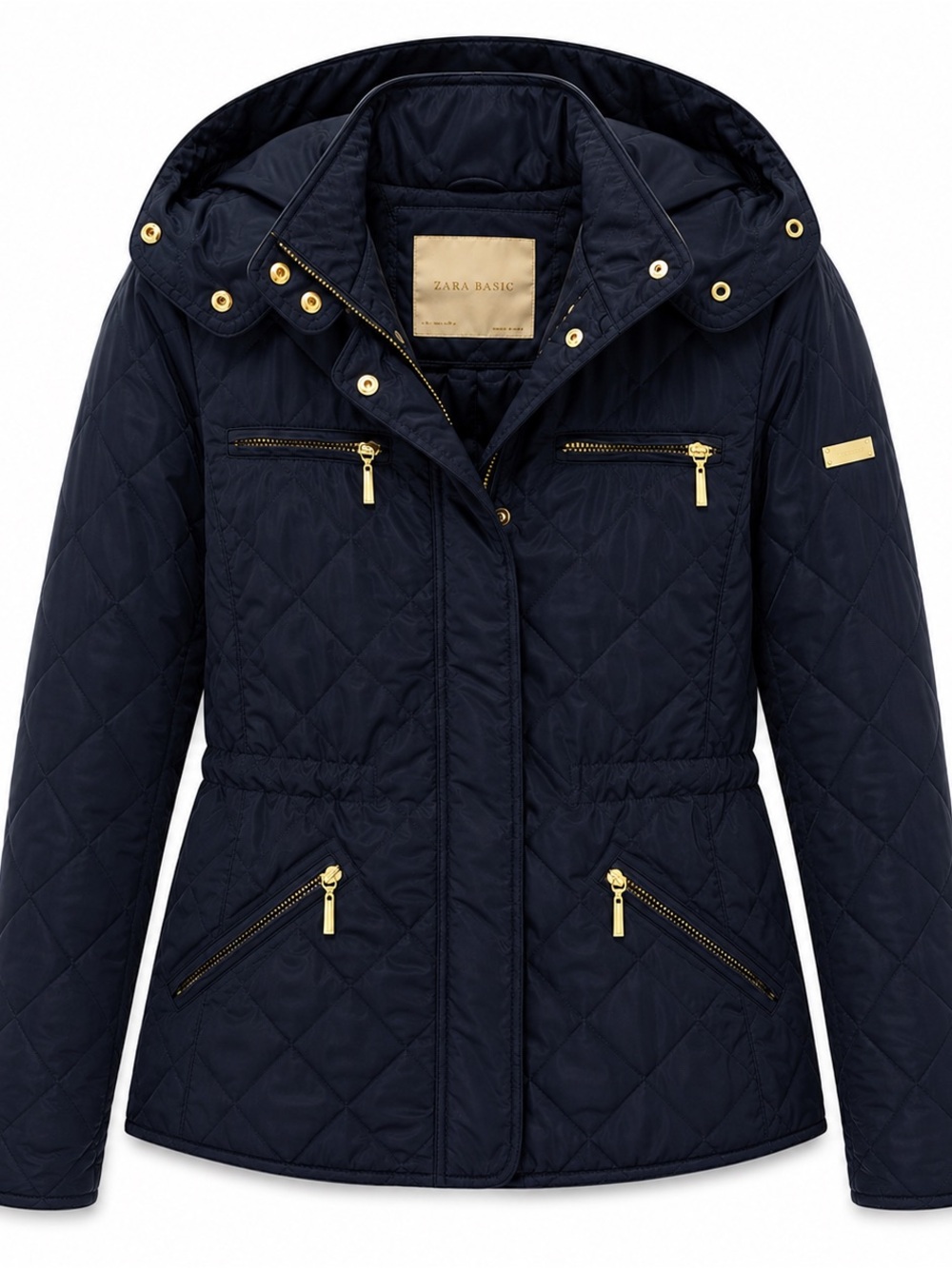 Zara Navy Quilted Hooded Jacket with Gold Hardware